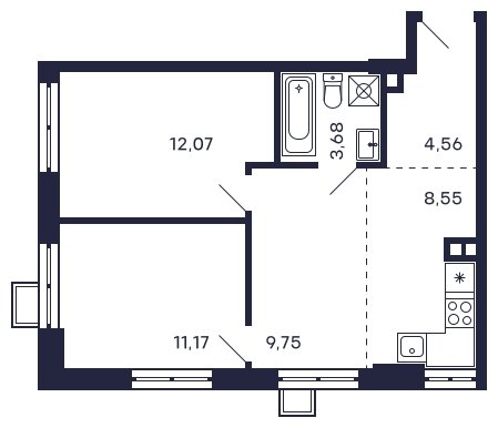 2-комнатная квартира без отделки, 49.78 м2, 2 этаж, сдача 2 квартал 2025 г., ЖК Квартал Тетрис, корпус "Квартал Тетрис 2.1" - объявление 2358258 - фото №1