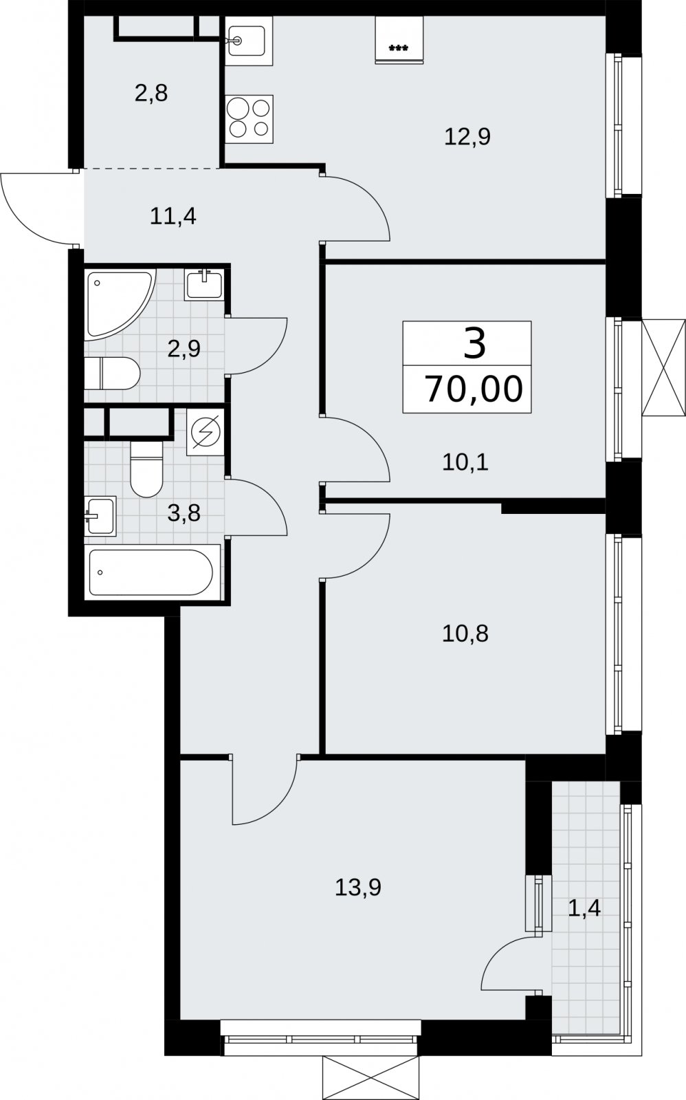 3-комнатная квартира без отделки, 70 м2, 5 этаж, сдача 3 квартал 2026 г., ЖК Родные кварталы, корпус 2 - объявление 2295385 - фото №1