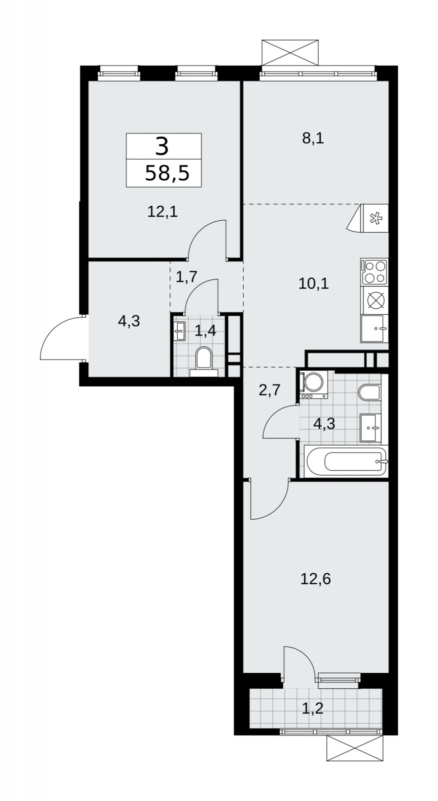 3-комнатная квартира (евро) с частичной отделкой, 58.5 м2, 12 этаж, сдача 2 квартал 2026 г., ЖК Прокшино, корпус 11.2.3 - объявление 2270311 - фото №1