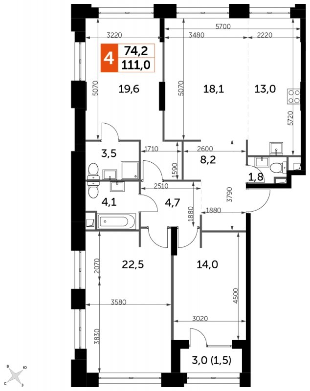 4-комнатная квартира без отделки, 111 м2, 22 этаж, сдача 1 квартал 2023 г., ЖК Sydney City, корпус 2 - объявление 1568977 - фото №1