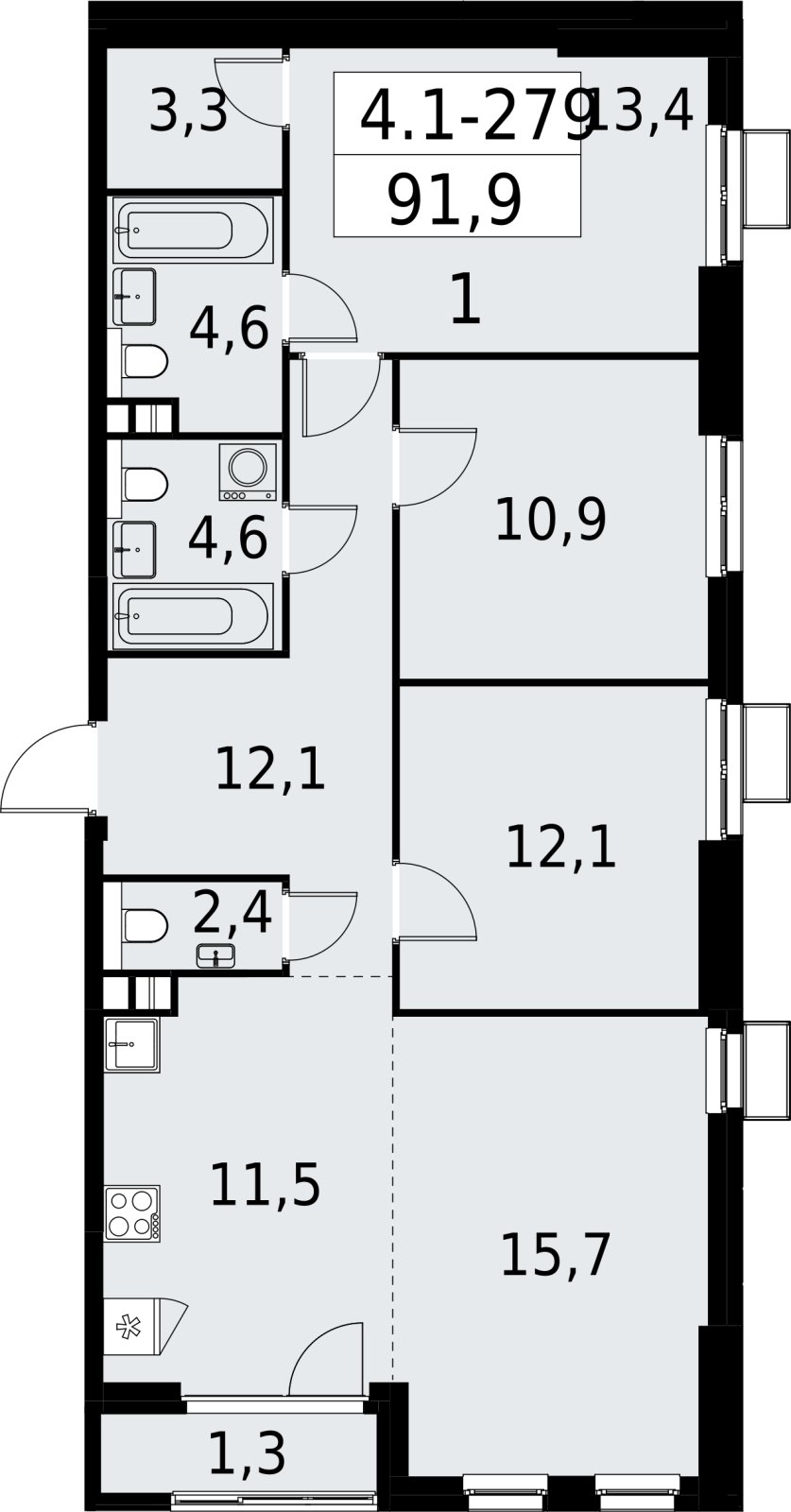 4-комнатная квартира (евро) с полной отделкой, 91.9 м2, 4 этаж, сдача 2 квартал 2027 г., ЖК Южные сады, корпус 4.1.2 - объявление 2392790 - фото №1
