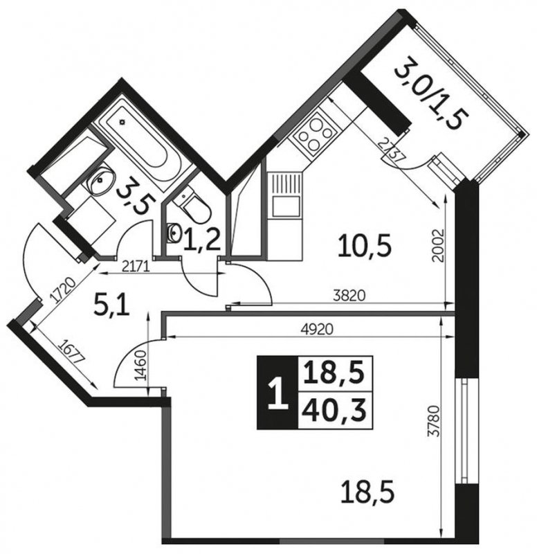 1-комнатная квартира без отделки, 40.6 м2, 21 этаж, дом сдан, ЖК UP-квартал Сколковский, корпус 2 - объявление 1818211 - фото №1