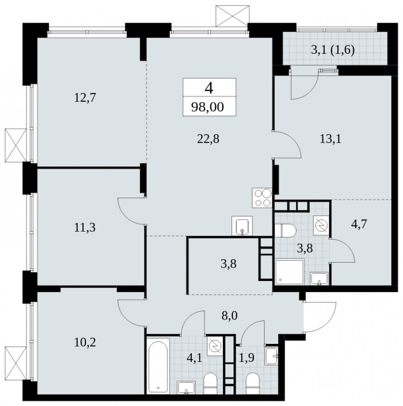 4-комнатная квартира без отделки, 98 м2, 8 этаж, сдача 4 квартал 2024 г., ЖК Скандинавия, корпус 2.27.5 - объявление 1840811 - фото №1