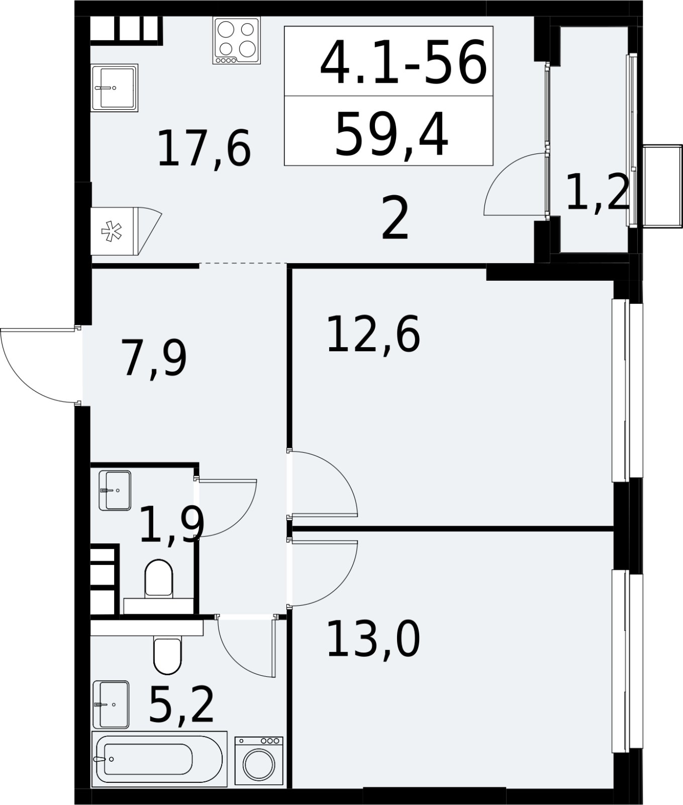 2-комнатная квартира с полной отделкой, 59.4 м2, 11 этаж, сдача 2 квартал 2027 г., ЖК Южные сады, корпус 4.1.1 - объявление 2392597 - фото №1