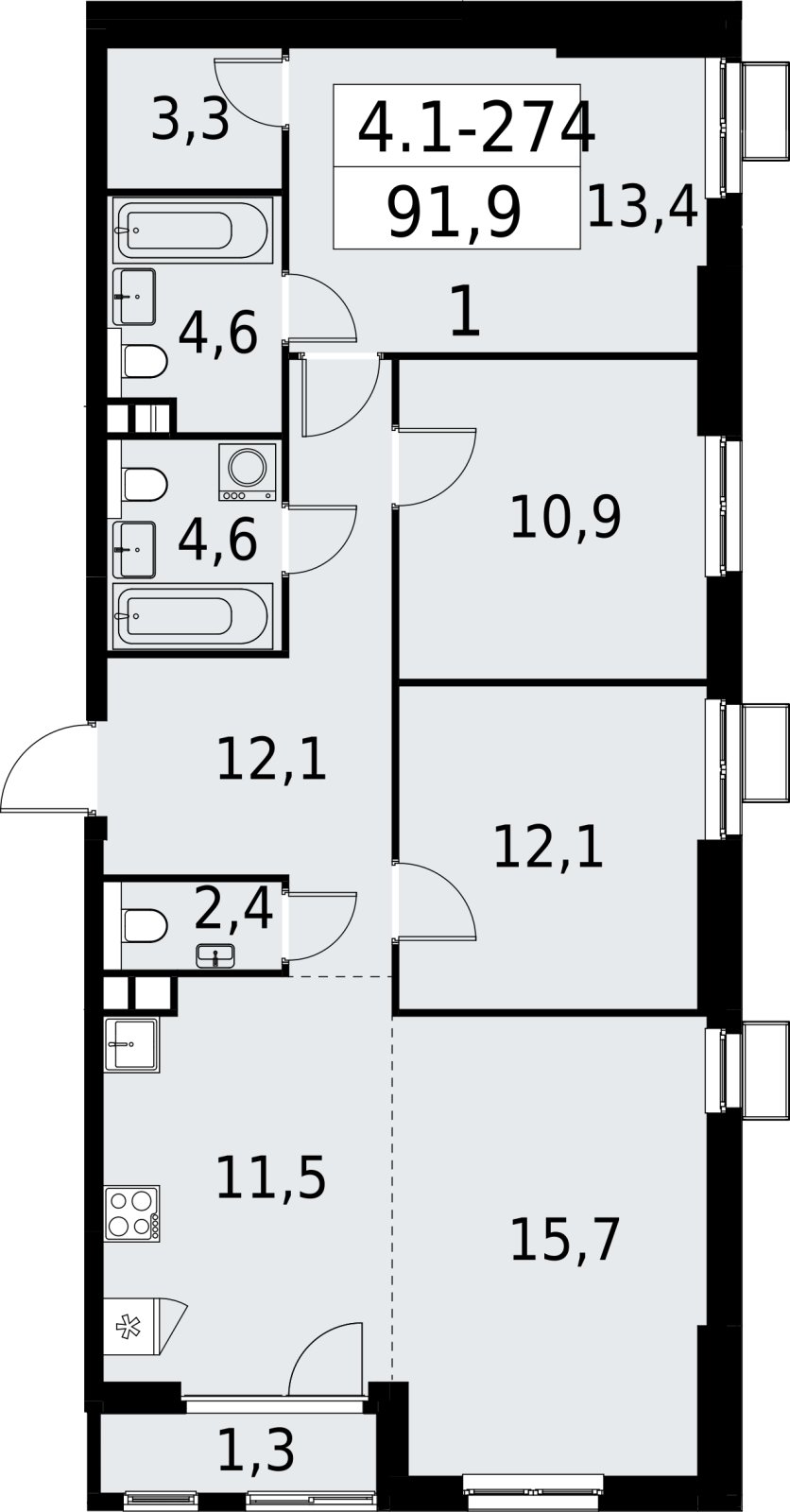 4-комнатная квартира (евро) с полной отделкой, 91.9 м2, 3 этаж, сдача 2 квартал 2027 г., ЖК Южные сады, корпус 4.1.2 - объявление 2392786 - фото №1