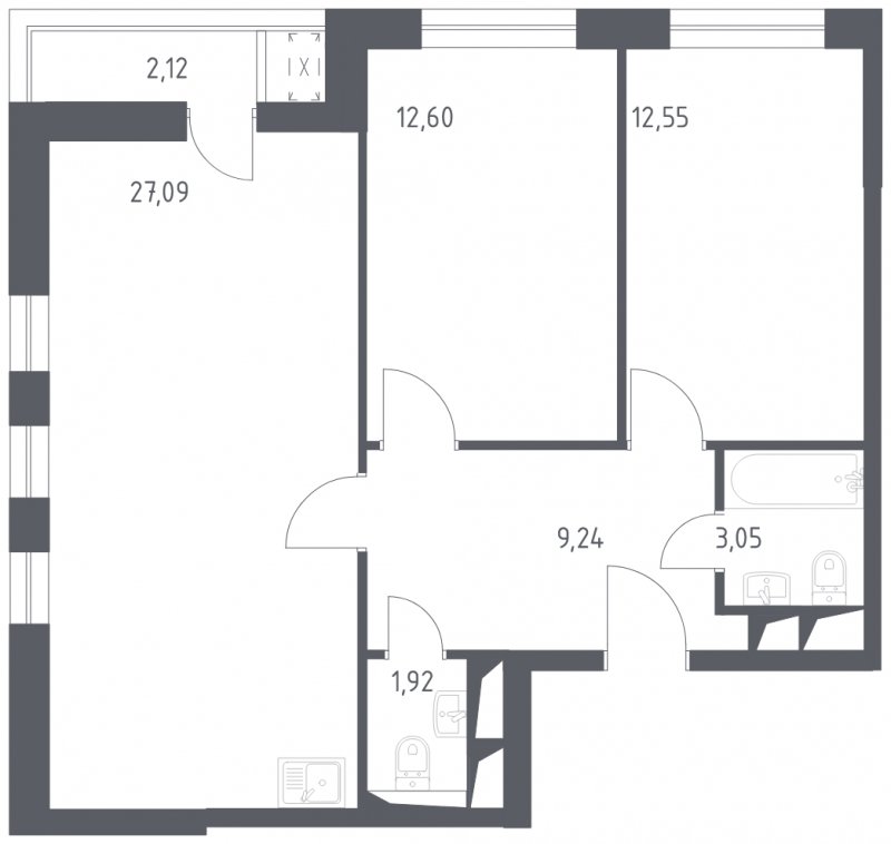 3-комнатные апартаменты с полной отделкой, 68.57 м2, 25 этаж, сдача 3 квартал 2024 г., ЖК Квартал Спутник, корпус 16 - объявление 1943068 - фото №1