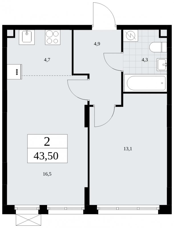 2-комнатная квартира (евро) без отделки, 43.5 м2, 2 этаж, сдача 2 квартал 2025 г., ЖК Дзен-кварталы, корпус 2.4 - объявление 1932688 - фото №1