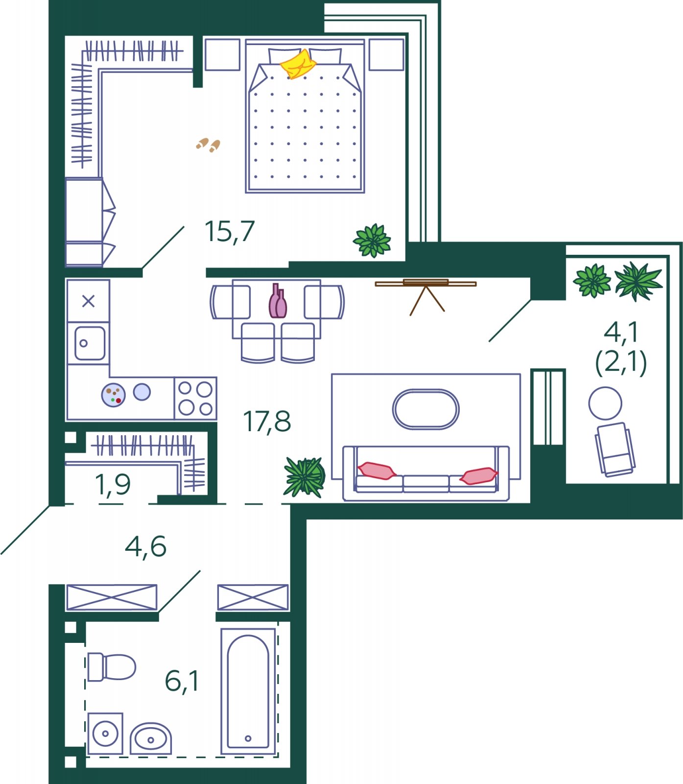 1-комнатная квартира без отделки, 48.2 м2, 13 этаж, сдача 1 квартал 2024 г., ЖК SHAGAL, корпус 1.5 - объявление 1981721 - фото №1