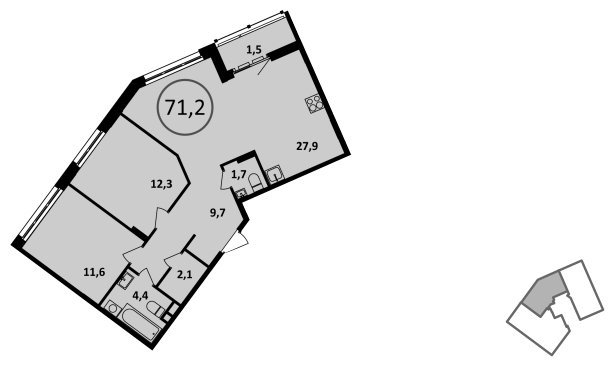 2-комнатная квартира без отделки, 71.2 м2, 11 этаж, сдача 4 квартал 2022 г., ЖК Испанские кварталы, корпус 5.3 - объявление 1409481 - фото №1