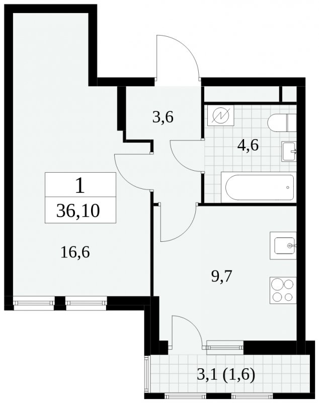 1-комнатная квартира без отделки, 36.1 м2, 7 этаж, сдача 2 квартал 2025 г., ЖК Южные сады, корпус 2.3 - объявление 1758062 - фото №1