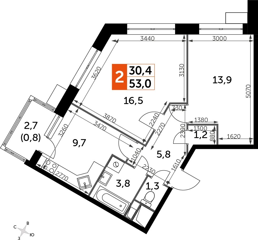 2-комнатная квартира без отделки, 54.4 м2, 9 этаж, дом сдан, ЖК Датский квартал, корпус 2 - объявление 2335347 - фото №1