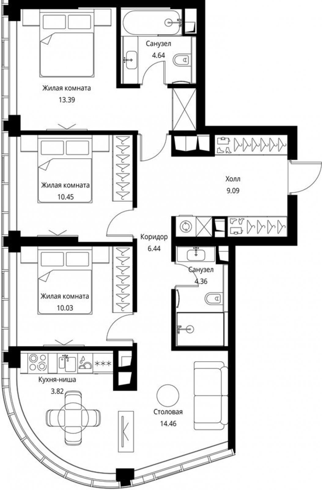 3-комнатная квартира с частичной отделкой, 76.68 м2, 36 этаж, сдача 3 квартал 2026 г., ЖК City Bay, корпус North Ocean 8 - объявление 2240606 - фото №1
