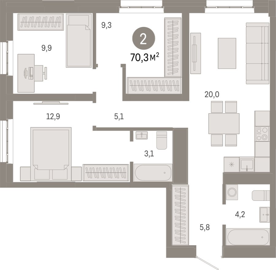 3-комнатная квартира с частичной отделкой, 70.3 м2, 26 этаж, сдача 3 квартал 2026 г., ЖК Квартал Метроном, корпус 1 - объявление 2408117 - фото №1