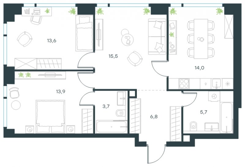 3-комнатная квартира с частичной отделкой, 73.2 м2, 5 этаж, сдача 4 квартал 2024 г., ЖК Level Мичуринский, корпус 5 - объявление 1635457 - фото №1