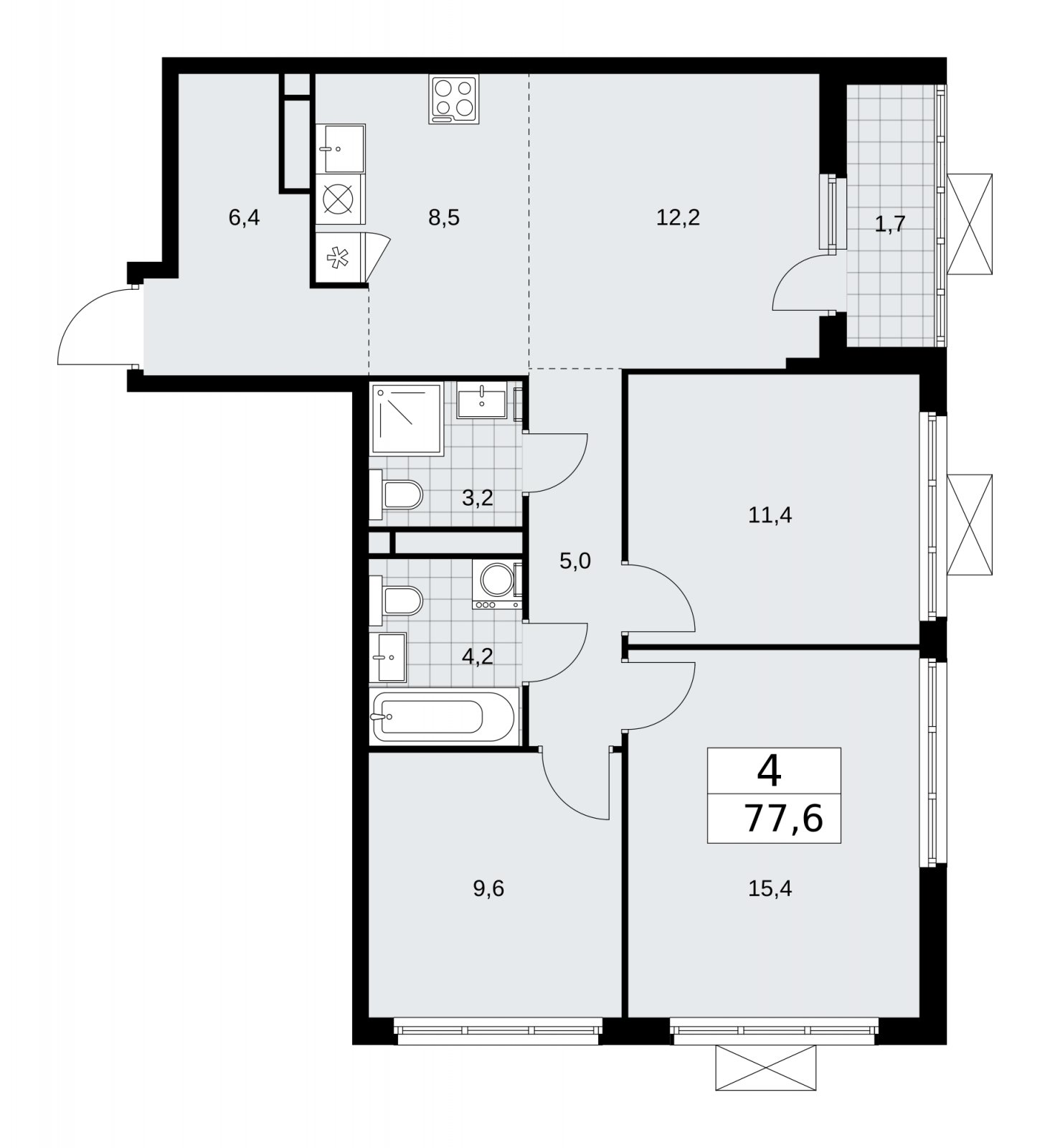 4-комнатная квартира (евро) без отделки, 77.6 м2, 14 этаж, сдача 1 квартал 2026 г., ЖК Прокшино, корпус 11.2.2 - объявление 2270152 - фото №1