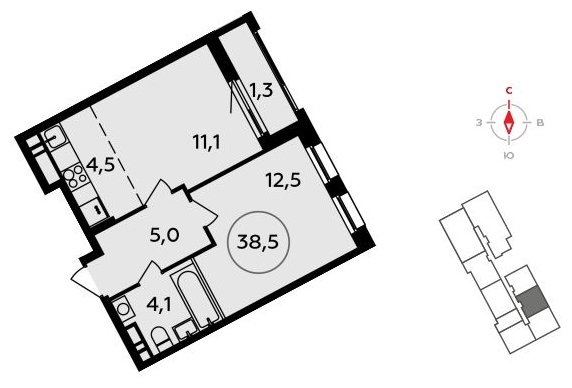 2-комнатная квартира (евро) без отделки, 38.5 м2, 17 этаж, сдача 3 квартал 2023 г., ЖК Прокшино, корпус 4.3 - объявление 1498227 - фото №1