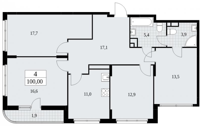 4-комнатная квартира с частичной отделкой, 100 м2, 14 этаж, сдача 4 квартал 2024 г., ЖК Скандинавия, корпус 36.1.1 - объявление 1801809 - фото №1