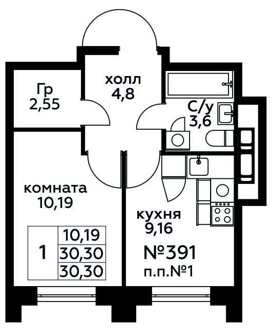 1-комнатная квартира без отделки, 30.3 м2, 20 этаж, сдача 3 квартал 2024 г., ЖК МелисСад, корпус 1 - объявление 1932878 - фото №1