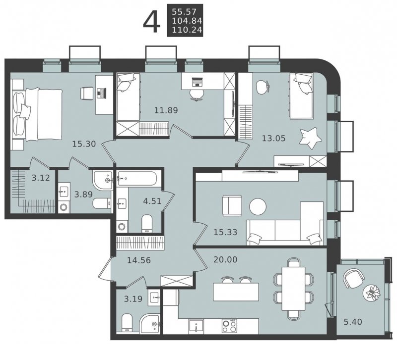 4-комнатная квартира без отделки, 106.46 м2, 2 этаж, сдача 1 квартал 2024 г., ЖК Мишино-2, корпус 5 - объявление 1948349 - фото №1
