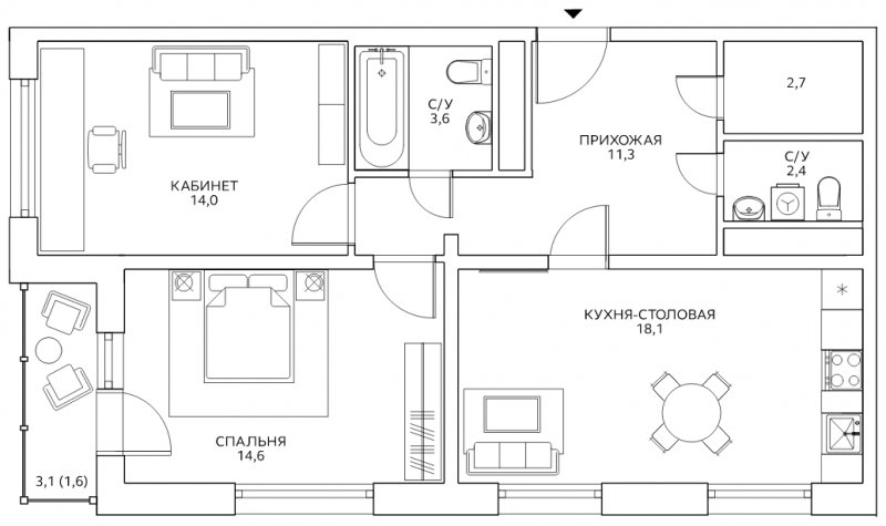 2-комнатная квартира с полной отделкой, 68.3 м2, 19 этаж, сдача 4 квартал 2022 г., ЖК Авиатика, корпус 4 - объявление 1805978 - фото №1
