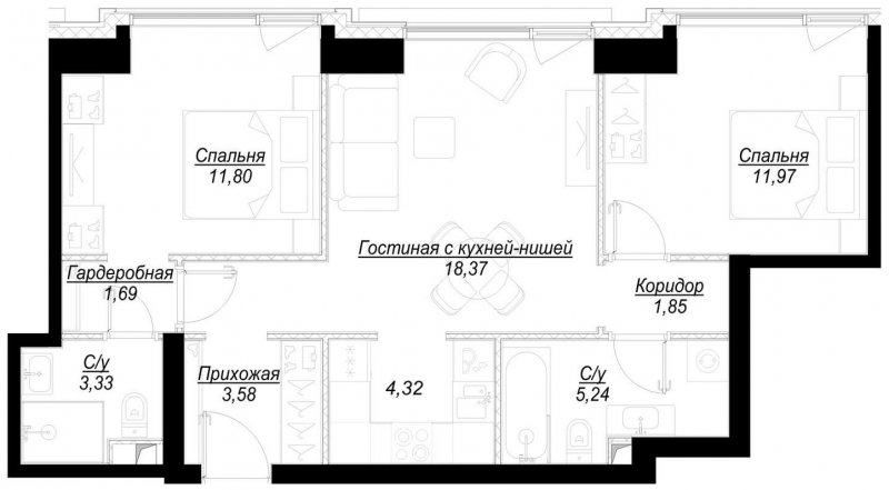 2-комнатная квартира с частичной отделкой, 62.2 м2, 11 этаж, сдача 1 квартал 2023 г., ЖК Hide, корпус RiverSide - объявление 1756876 - фото №1