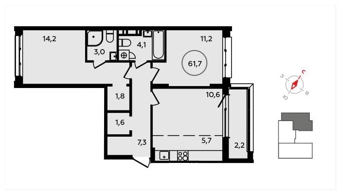 3-комнатная квартира (евро) с полной отделкой, 61.7 м2, 9 этаж, сдача 3 квартал 2024 г., ЖК Скандинавия, корпус 2.22.4 - объявление 1625669 - фото №1