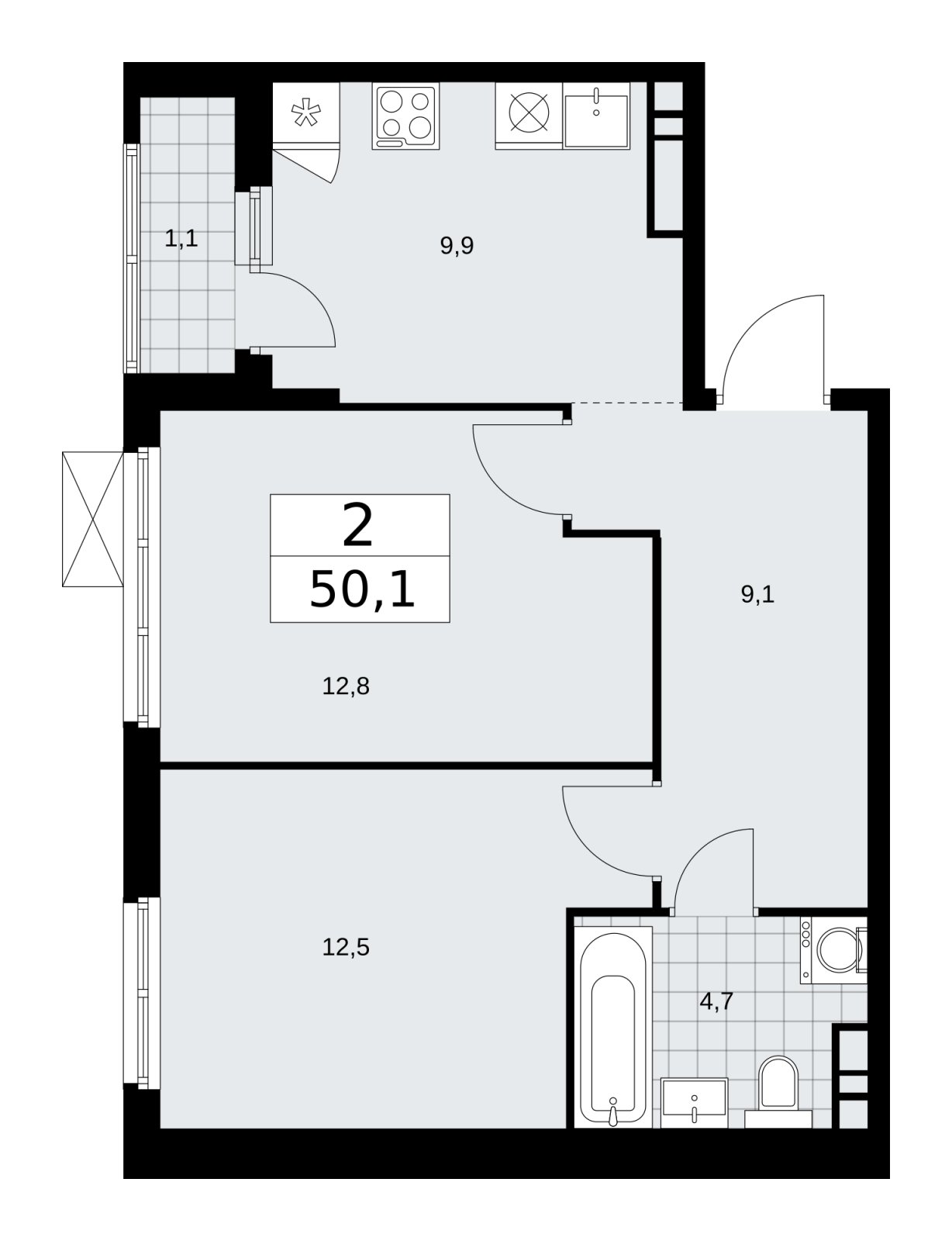 2-комнатная квартира без отделки, 50.1 м2, 9 этаж, сдача 4 квартал 2025 г., ЖК Прокшино, корпус 11.1.4 - объявление 2257614 - фото №1