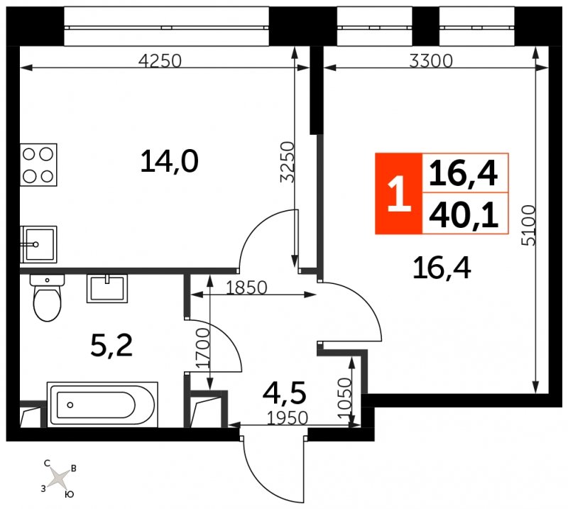 1-комнатная квартира с полной отделкой, 40.1 м2, 4 этаж, сдача 3 квартал 2024 г., ЖК Sydney City, корпус 2.1 - объявление 1762379 - фото №1