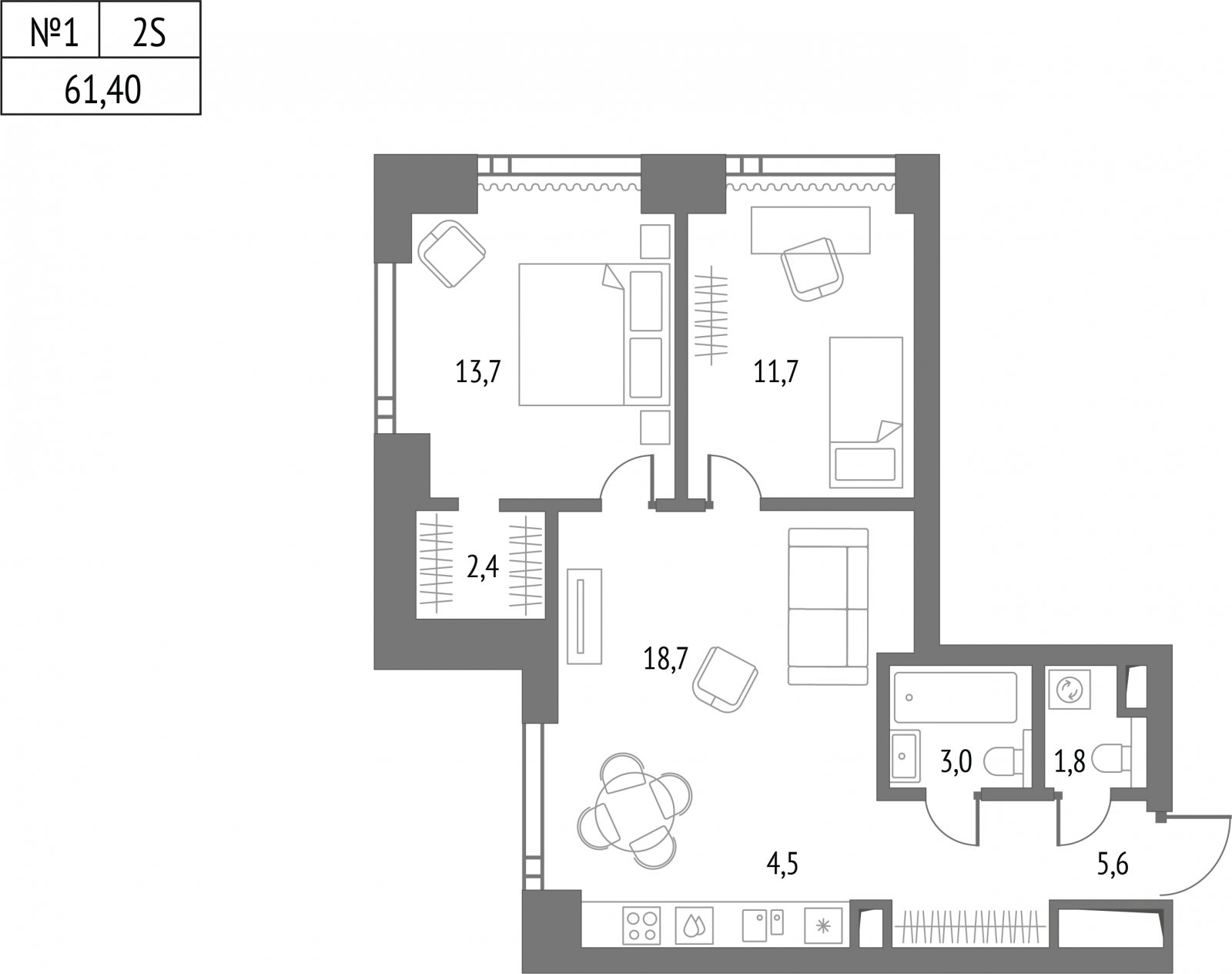 2-комнатная квартира без отделки, 61.3 м2, 9 этаж, сдача 2 квартал 2026 г., ЖК Upside Towers, корпус 1 - объявление 2057034 - фото №1