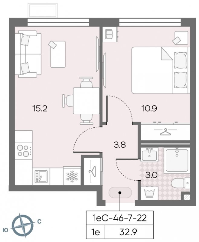 1-комнатная квартира с полной отделкой, 32.9 м2, 13 этаж, сдача 3 квартал 2024 г., ЖК Лучи, корпус 15 - объявление 1943452 - фото №1