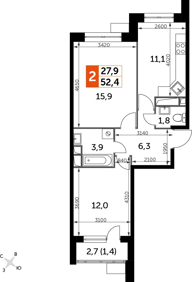 2-комнатная квартира без отделки, 52.2 м2, 5 этаж, дом сдан, ЖК Датский квартал, корпус 2 - объявление 2335314 - фото №1