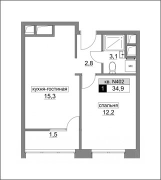1-комнатная квартира без отделки, 35.1 м2, 14 этаж, дом сдан, ЖК Румянцево-Парк, корпус 2 - объявление 1682042 - фото №1