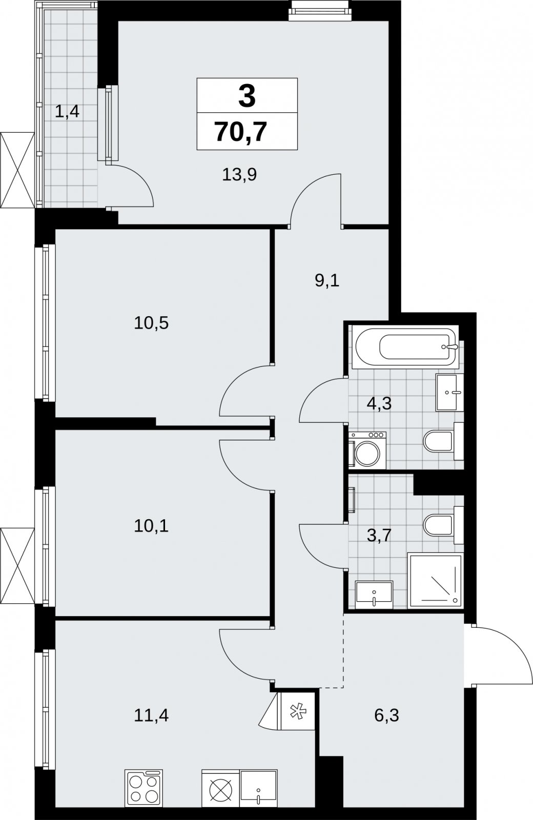 3-комнатная квартира без отделки, 70.7 м2, 6 этаж, сдача 1 квартал 2026 г., ЖК Дзен-кварталы, корпус 6.2.1 - объявление 2328476 - фото №1