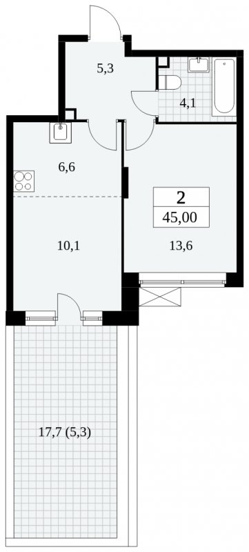 2-комнатная квартира (евро) с частичной отделкой, 45 м2, 2 этаж, сдача 3 квартал 2024 г., ЖК Прокшино, корпус 6.6 - объявление 1663435 - фото №1