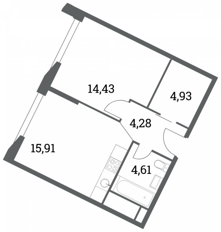 1-комнатная квартира без отделки, 44.16 м2, 13 этаж, сдача 4 квартал 2022 г., ЖК Headliner, корпус 7 - объявление 1576987 - фото №1