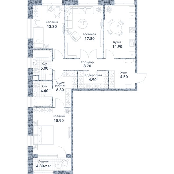 3-комнатная квартира без отделки, 96.7 м2, 9 этаж, сдача 3 квартал 2023 г., ЖК Серебряный фонтан, корпус 3 - объявление 1973668 - фото №1
