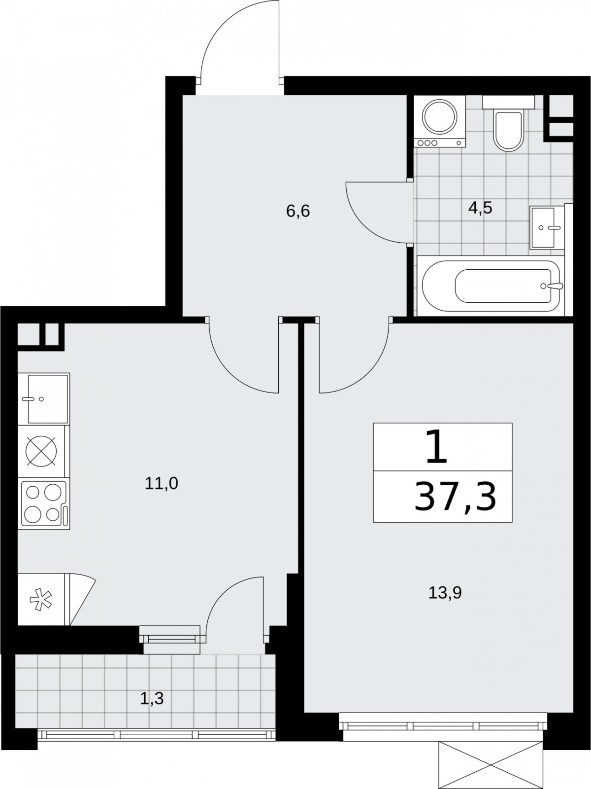 1-комнатная квартира без отделки, 37.3 м2, 3 этаж, сдача 2 квартал 2026 г., ЖК Бунинские кварталы, корпус 5.4 - объявление 2297677 - фото №1
