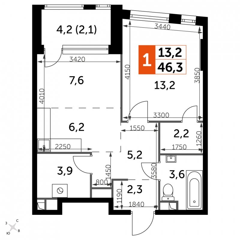 1-комнатная квартира с частичной отделкой, 46.3 м2, 2 этаж, сдача 4 квартал 2024 г., ЖК ROTTERDAM, корпус 2.1 - объявление 1954430 - фото №1