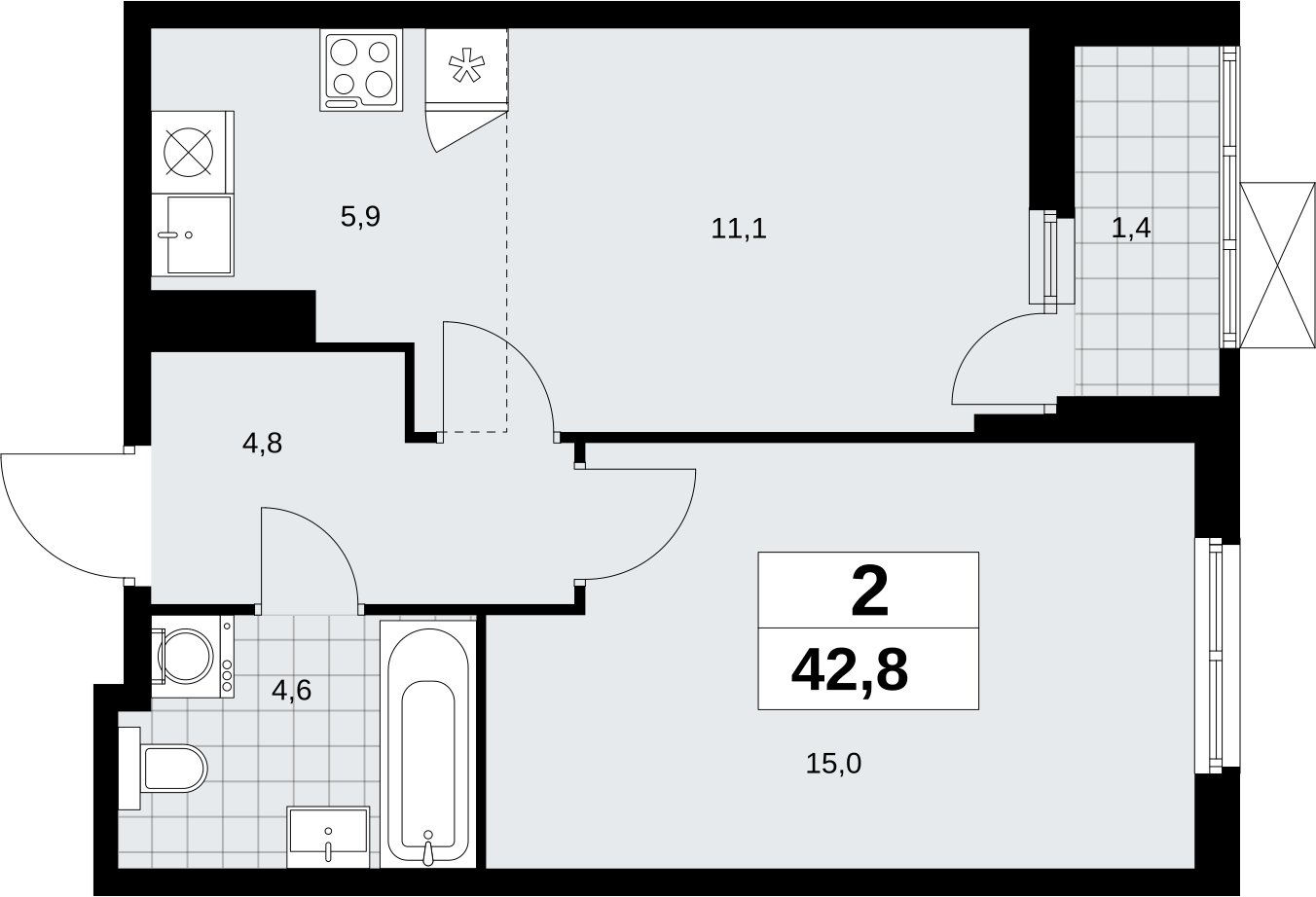 2-комнатная квартира (евро) без отделки, 42.8 м2, 10 этаж, сдача 2 квартал 2026 г., ЖК Дзен-кварталы, корпус 6.1.2 - объявление 2327295 - фото №1