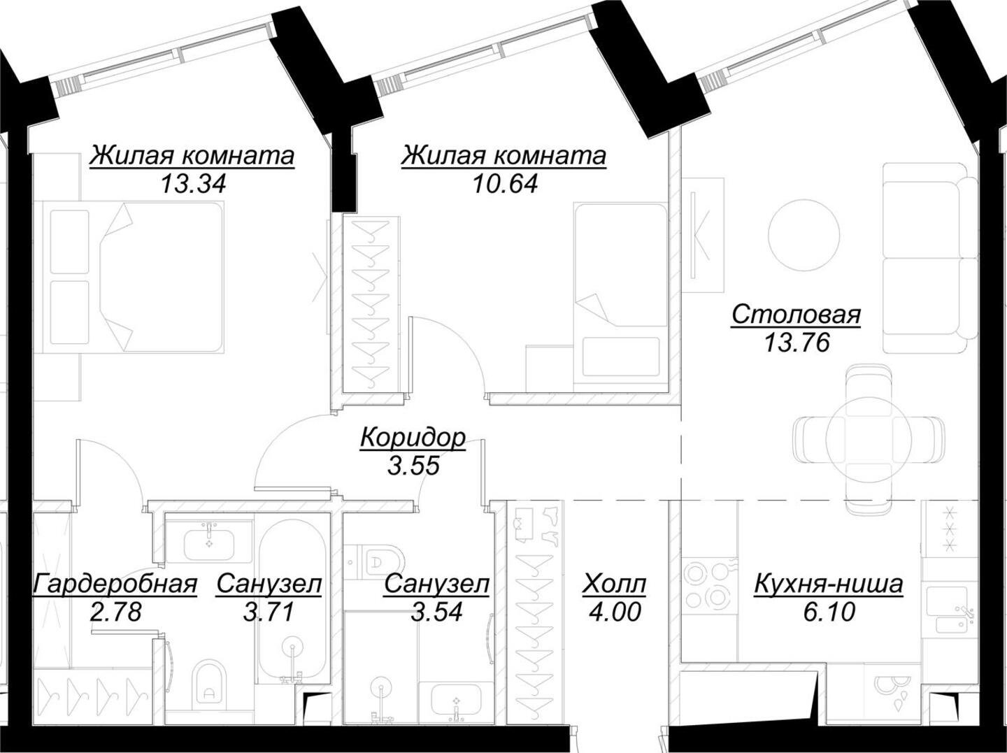2-комнатная квартира с частичной отделкой, 61.42 м2, 4 этаж, сдача 4 квартал 2024 г., ЖК MOD, корпус Stein - объявление 2191528 - фото №1