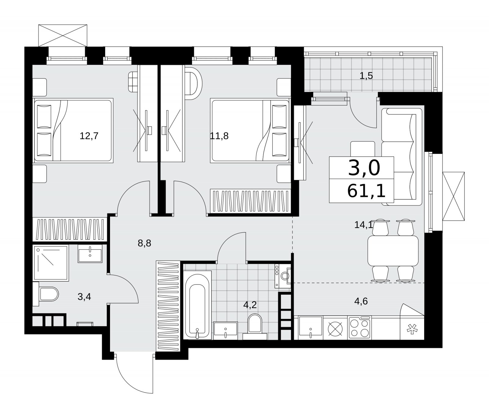 3-комнатная квартира (евро) без отделки, 61.1 м2, 12 этаж, сдача 1 квартал 2026 г., ЖК Прокшино, корпус 10.1.2 - объявление 2227209 - фото №1