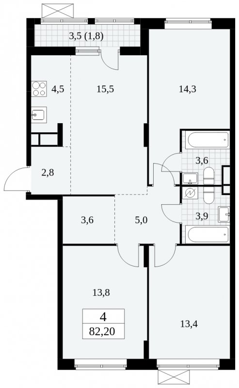 4-комнатная квартира (евро) с частичной отделкой, 82.2 м2, 10 этаж, сдача 2 квартал 2025 г., ЖК Прокшино, корпус 5.1.2 - объявление 1860250 - фото №1