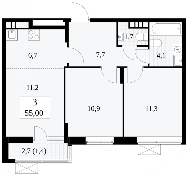 3-комнатная квартира (евро) без отделки, 55 м2, 5 этаж, сдача 1 квартал 2025 г., ЖК Прокшино, корпус 5.2.1 - объявление 1750965 - фото №1