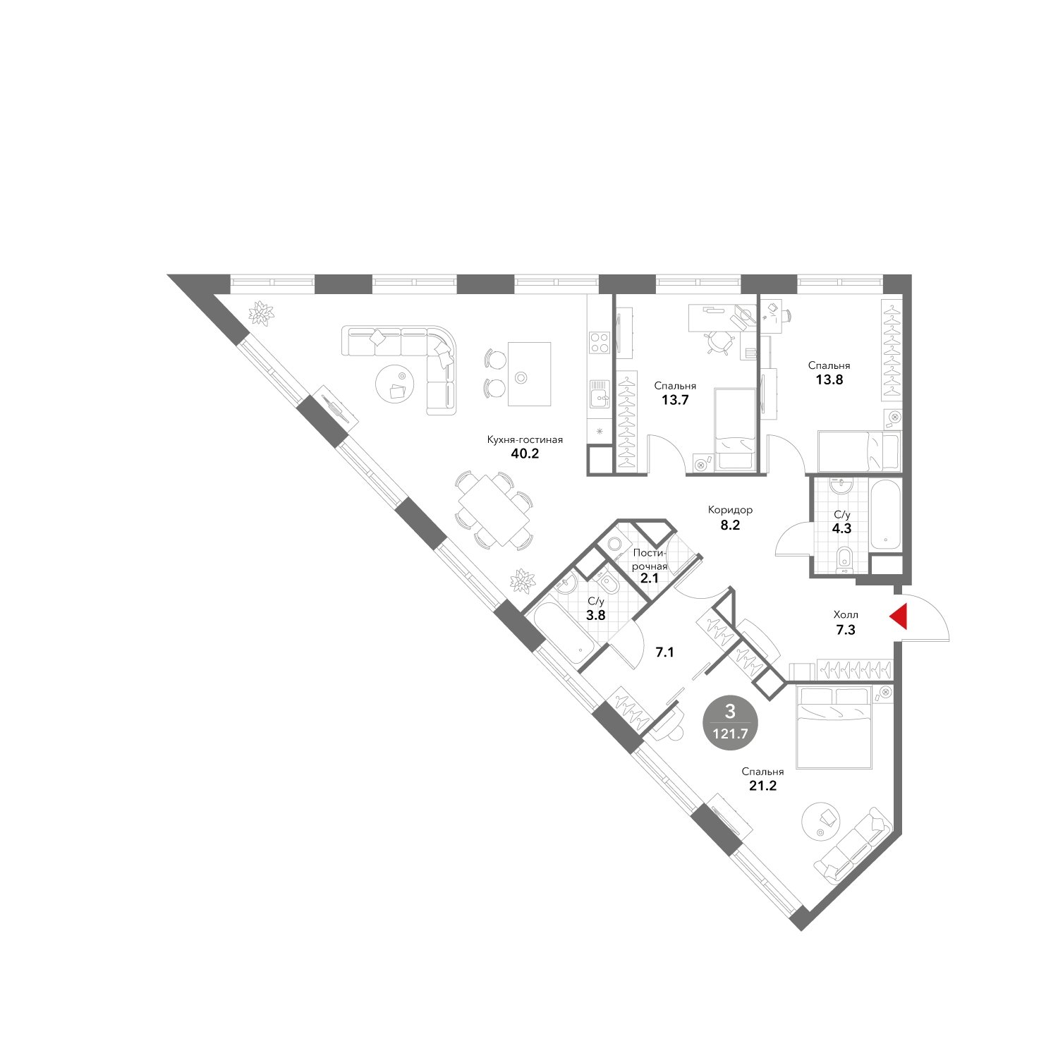 3-комнатная квартира без отделки, 121.7 м2, 2 этаж, сдача 3 квартал 2025 г., ЖК VOXHALL, корпус 2 - объявление 1981146 - фото №1