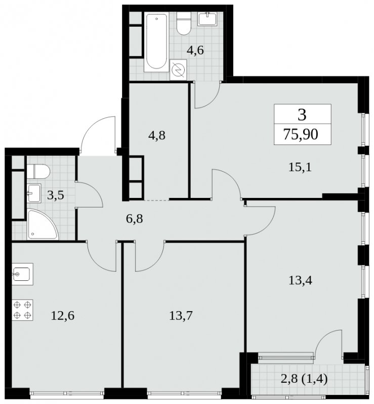 3-комнатная квартира без отделки, 75.9 м2, 24 этаж, сдача 2 квартал 2025 г., ЖК Южные сады, корпус 2.4 - объявление 1760390 - фото №1