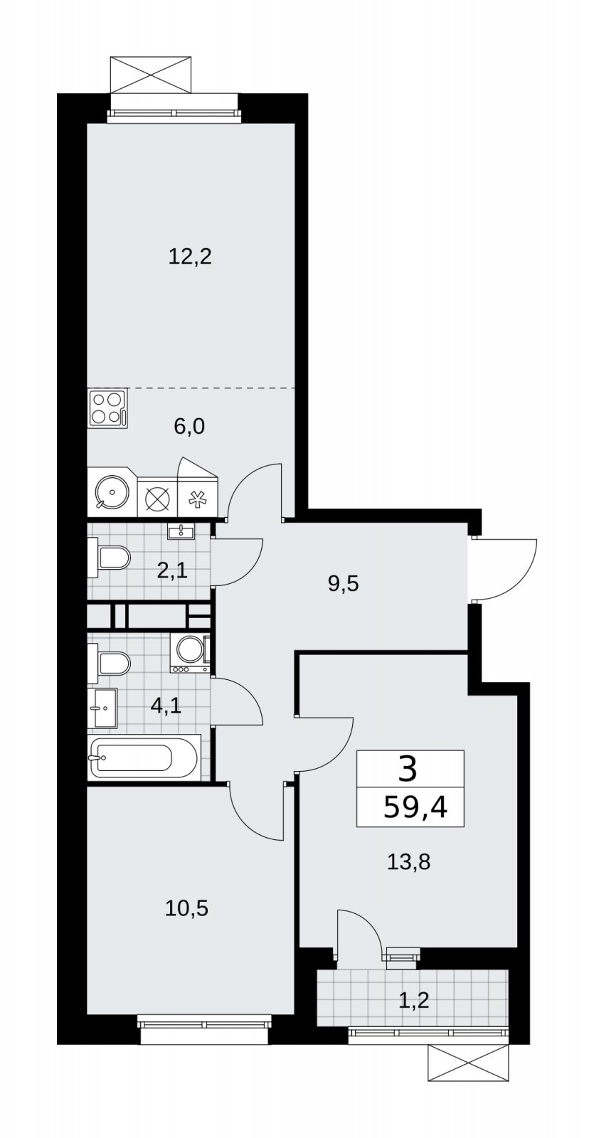 3-комнатная квартира (евро) без отделки, 59.4 м2, 10 этаж, сдача 2 квартал 2026 г., ЖК Скандинавия, корпус 25.4 - объявление 2284221 - фото №1