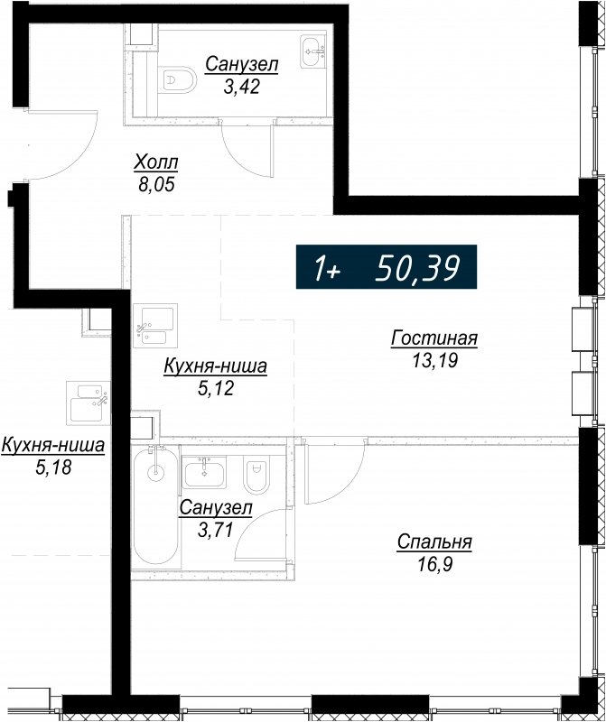 1-комнатная квартира с полной отделкой, 50.39 м2, 12 этаж, сдача 4 квартал 2022 г., ЖК Селигер Сити, корпус Кандинский - объявление 1709438 - фото №1
