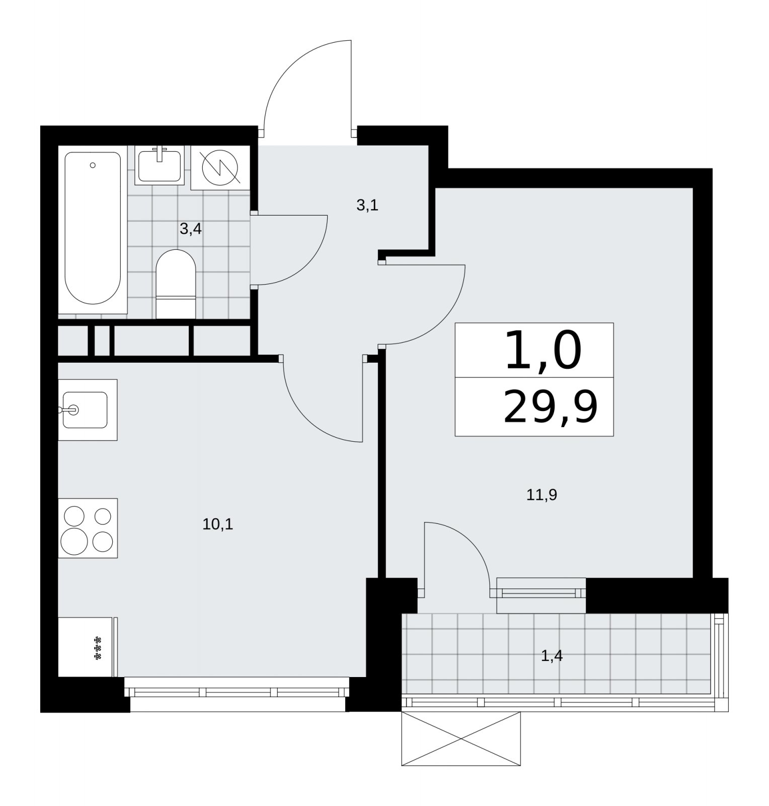 1-комнатная квартира с частичной отделкой, 29.9 м2, 12 этаж, сдача 1 квартал 2026 г., ЖК Скандинавия, корпус 37.1.1 - объявление 2216346 - фото №1