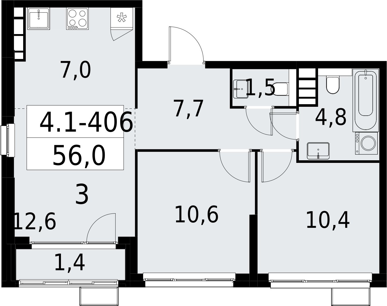 3-комнатная квартира (евро) с полной отделкой, 56 м2, 29 этаж, сдача 2 квартал 2027 г., ЖК Южные сады, корпус 4.1.2 - объявление 2392912 - фото №1