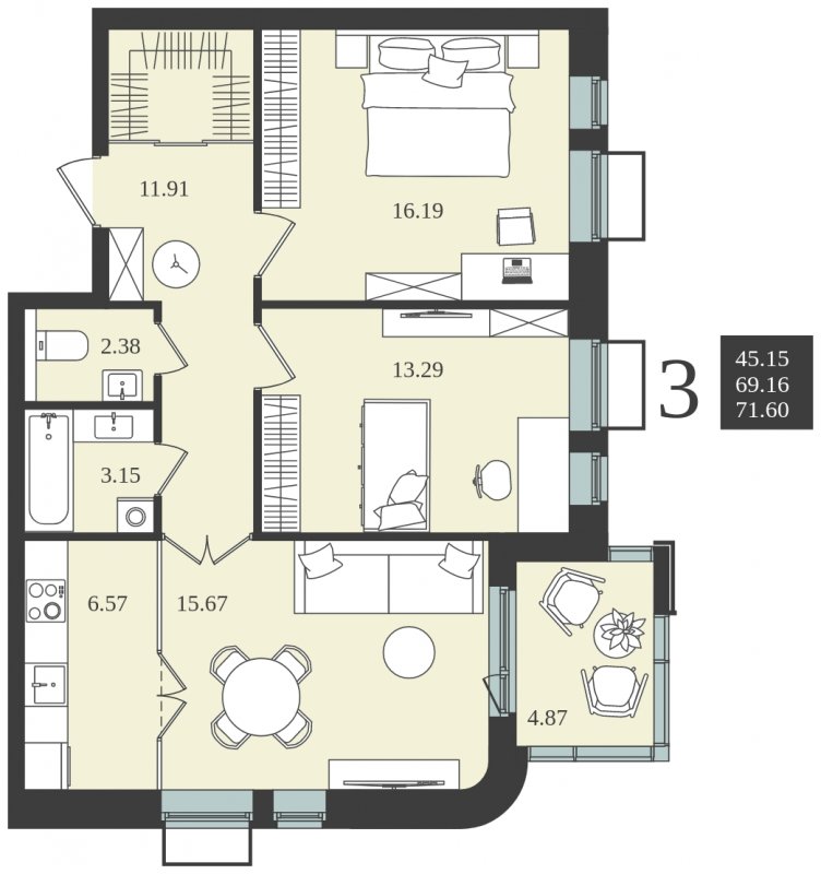 3-комнатная квартира (евро) без отделки, 71.6 м2, 3 этаж, сдача 1 квартал 2024 г., ЖК Мишино-2, корпус 8 - объявление 2149877 - фото №1
